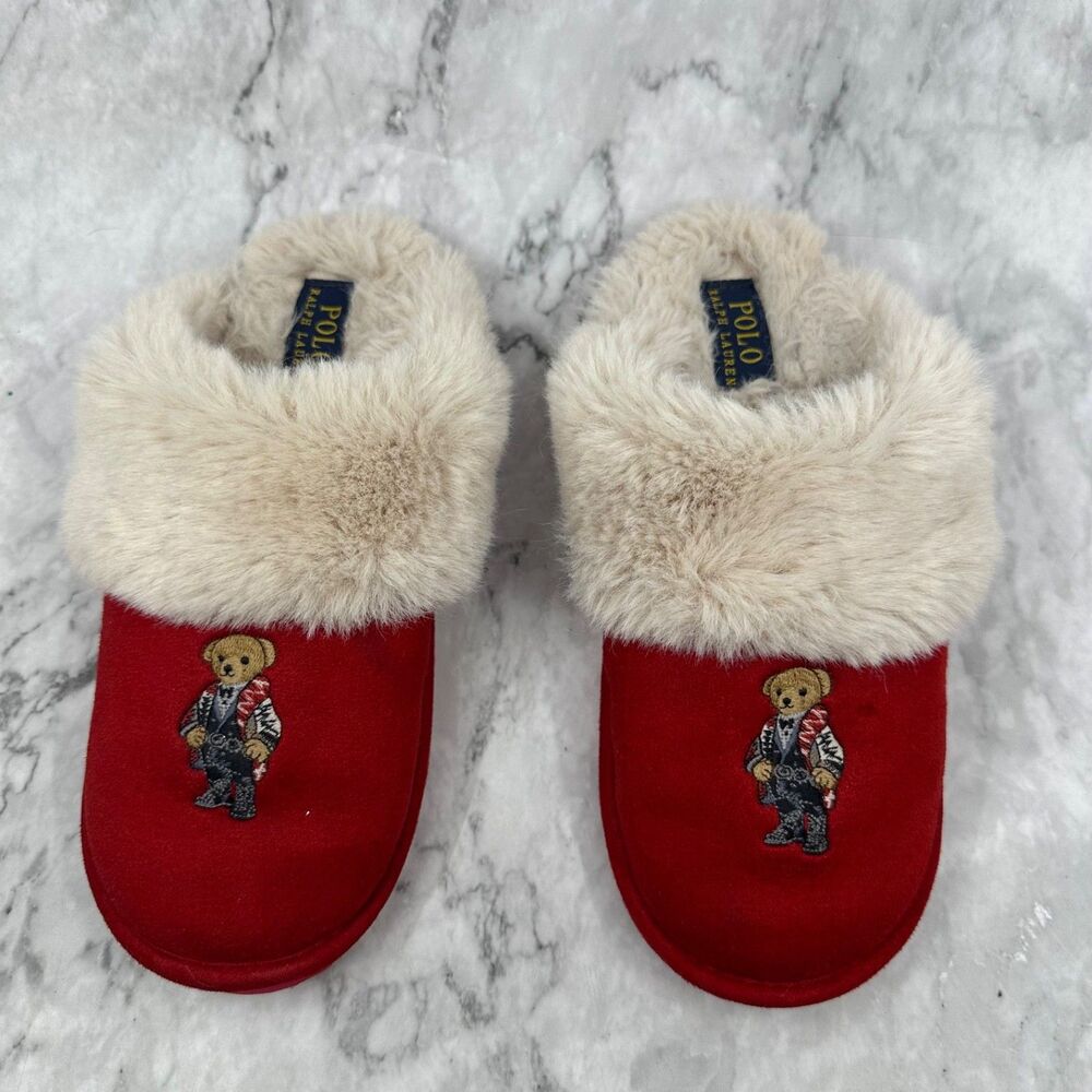 Polo Ralph Lauren Charlotte Scuff Bear Slippers Red Women's Size 7 EUR 37